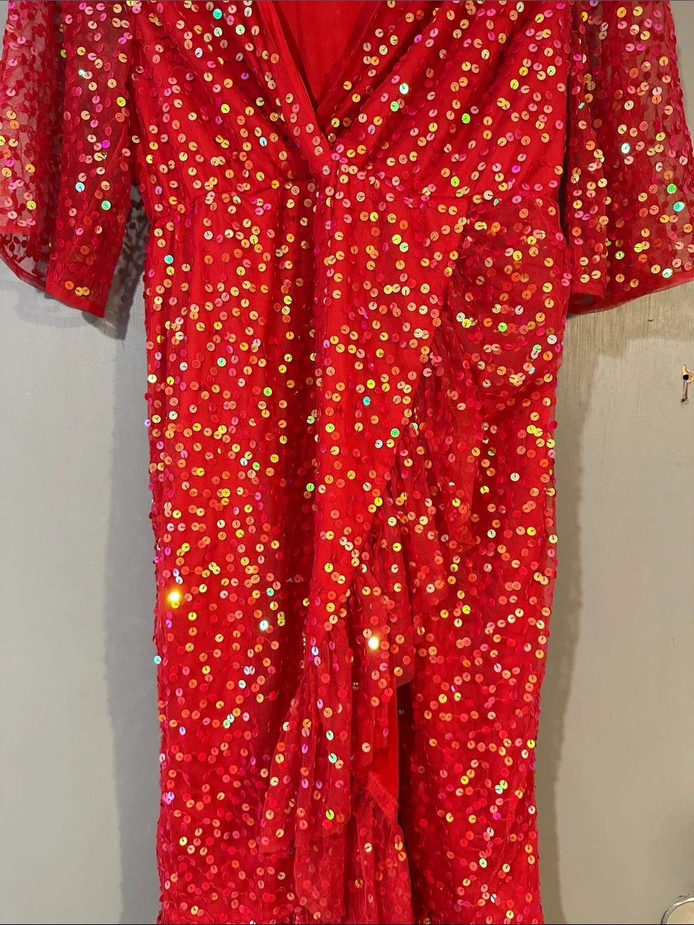 ASOS Red Sequin Midi Dress Size 6 Holiday Party Cocktail Wrap Style - Picture 4 of 10
